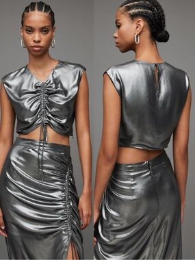AllSaints Carla Metallic Gathered Ruched Crop Top Silver Gunmetal